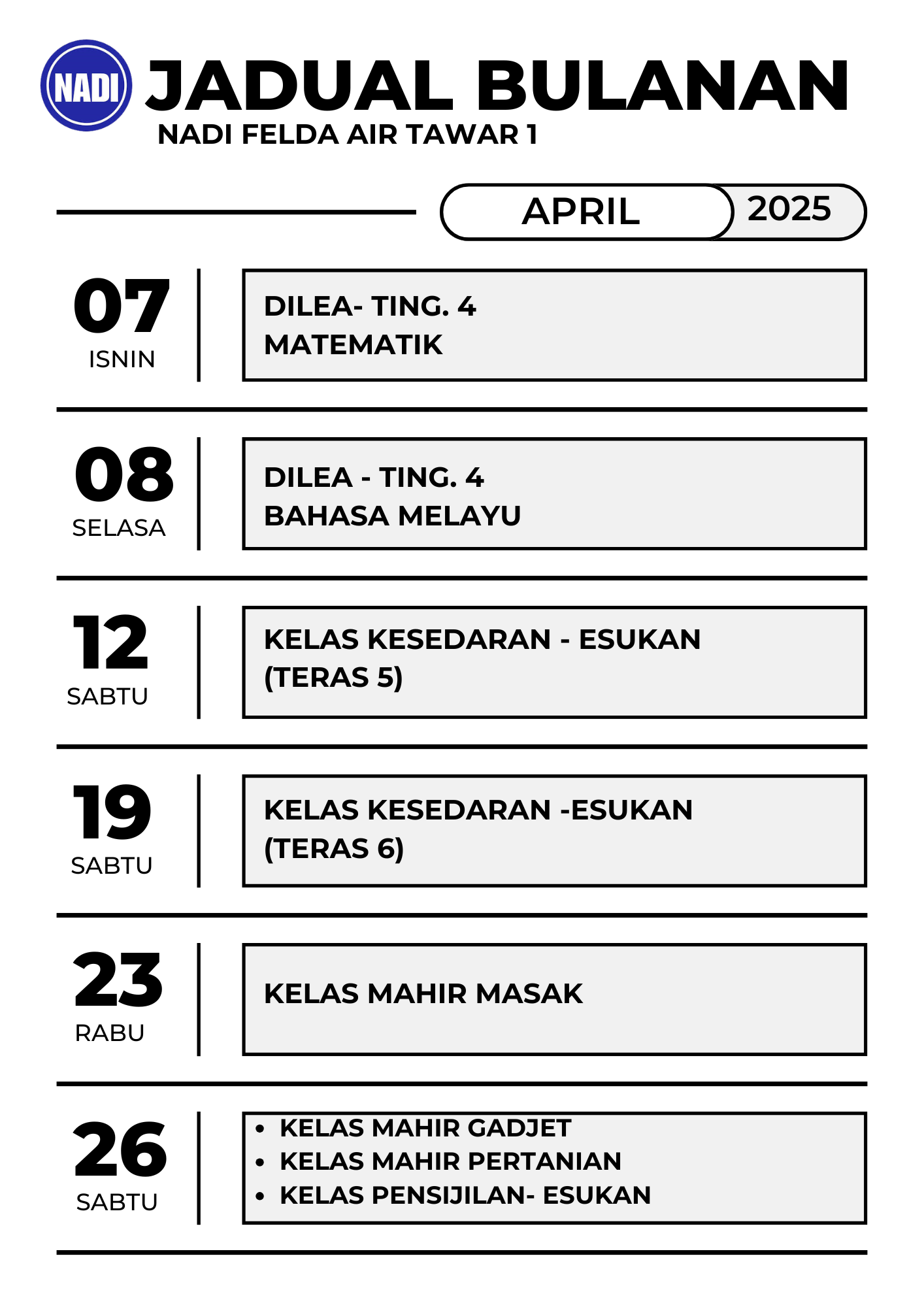 JADUAL BULAN APRIL 2025